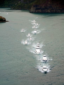 The fleet of Rivieras as they head off for some game fishing in New Zealand's Marlin capital, Whangaroa, north of the Bay of Islands