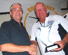 Ian Walker, owner and skipper of The Phantom, is congratulated by Riviera’s Stephen Milne. 