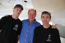 Aboard the Riviera 70, apprentice Clayton Pont (left) and plumber Ted Groombridge (right) discuss the “wow factor” with owner Peter Teakle.