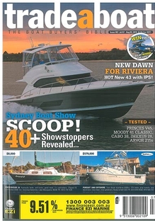 Trade A Boat magazine issue July - August 2010 review of the new 43 Open Flybridge (cover image courtesy of Trade A Boat magazine)