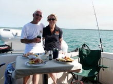 Barry and Margaret Hill on board their 3600 Sport Yacht