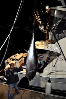 Greg Barea and Jamie Bezzina with their catch on board Riviera 43 Open Flybridge 'Irish Eyes'