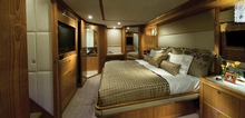 The 75 has four cabins each with its own ensuite including the master stateroom (pictured) with full beam king-sized bed