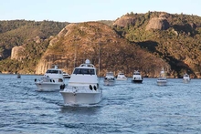 The Riviera convoy heads out of Whangaroa Harbour for the Marlin Tournament