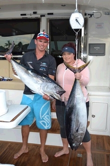 Weighing in their Tuna for Heaviest Fish Trophies. Darren Stone and Meghan Tapley from Noble One; Photo by: Matt Calder, The Battler 