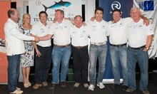 Happy Committee, Sponsor and 2013 Champion Boat C'World! From left: Peter Teakle, Nina Mattingley, Mike Sinclair (Club Marine), Bryan Stokes, John Monahan, Panteli Pyromallis, Tim Steer and Peter Webber. Photo by: Tom McNab, Sharpshooting