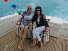 Adrian and Joanne de Bruin relax in the cockpit of their new Riviera 445 SUV