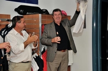 Dealer principal Carl Segreto congratulates long time Riviera owner Bill Treby (right) who officially opened Western Australia's new dealership